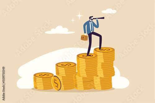 Financial visionary, investment growth, interest rate rising up or economic forecast concept, businessman leader on growth money stack using telescope or spyglass looking forward for bright future.