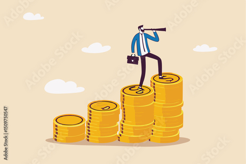 Financial visionary, investment growth, interest rate rising up or economic forecast concept, businessman leader on growth money stack using telescope or spyglass looking forward for bright future.