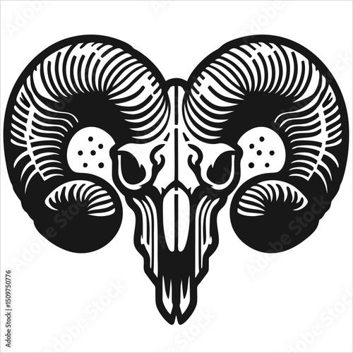 Stylized black and white ram skull with curved horns showcasing intricate line details