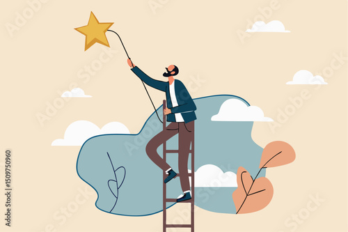 Retirement pension fund target, financial planning for retiree or success retirement life concept, elderly senior retired man climbing up ladder to the top high into the sky to grab the star.