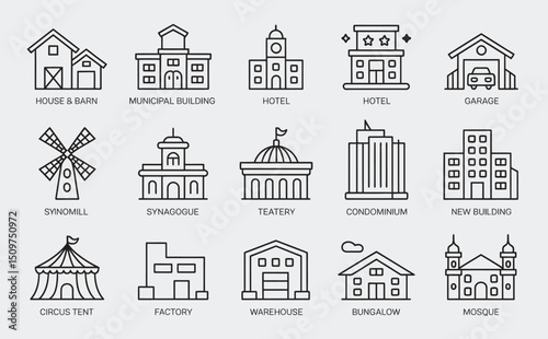Buildings line icons. Bank, Hotel, Courthouse. City, Real estate, Architecture buildings icons. Hospital, town house, museum. Urban architecture, city skyscraper, downtown. Line signs set.