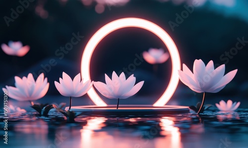Glowing ring, lotus flowers, dark water, serene scene, product display