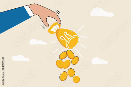 Idea to make money, financial innovation or business or investment ideas, earning or profit from creativity concept, dollar money coins falling from businessman hand shaking the lamp or lightbulb idea