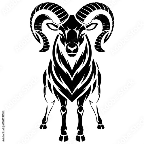 Stylized black ram illustration with curved horns detailed body and white backdrop