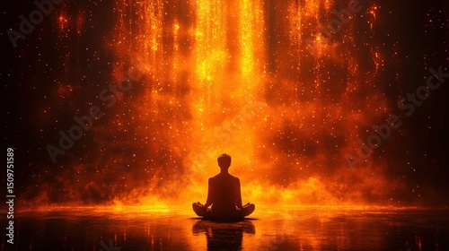 Meditative Figure Surrounded by Glowing Orange Particles and Light