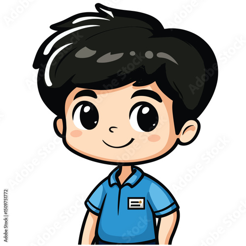 Cheerful Cartoon Boy in Blue Polo Shirt with Name Tag