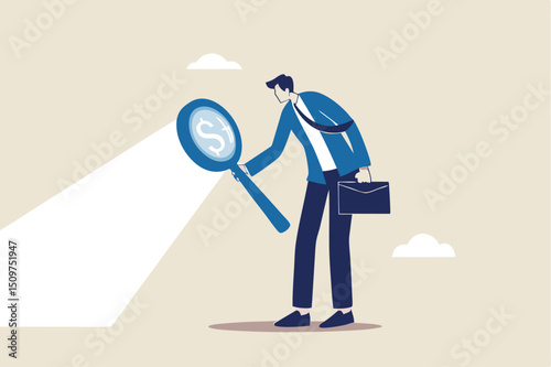 Searching for investment opportunity, stock market research or hidden cost and expense concept, businessman looking through magnifying glass to see dollar money sign search for money.