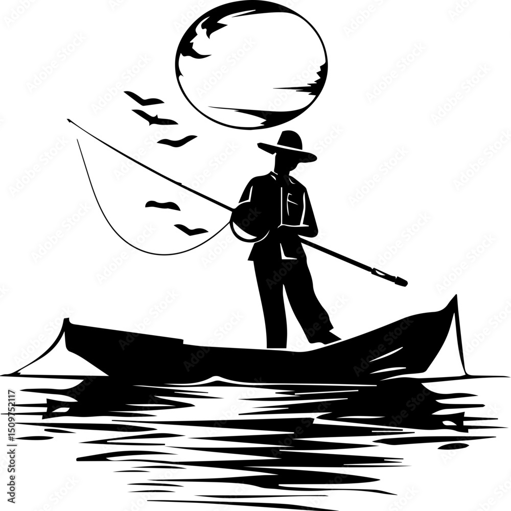 Fototapeta premium Fisherman vector illustration black and white silhouette