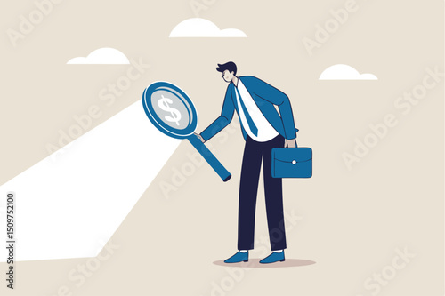Searching for investment opportunity, stock market research or hidden cost and expense concept, businessman looking through magnifying glass to see dollar money sign search for money.