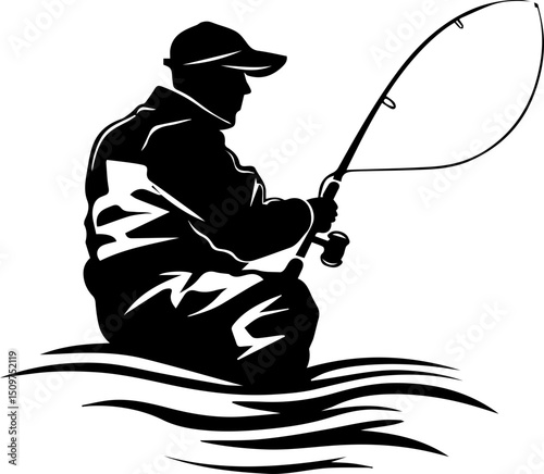 Fisherman vector illustration black and white silhouette