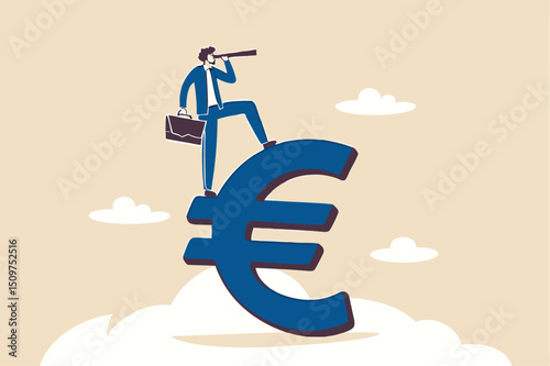 Europe financial visionary, economic forecast for European countries or investment and stock market concept, businessman investor standing on Euro currency sign using telescope to see market future.