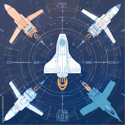 Silhouettes of futuristic spaceship shapes, suitable for sci-fi navigation screens, strategy games, or aerospace visual content.