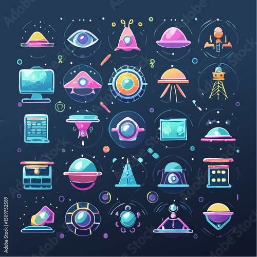 Fictional alien tech items, designed for concept development, sci-fi branding, or interface visuals.