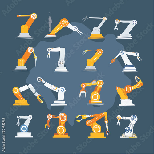 A structured icon sheet of robotic limbs and joints, ideal for robotics schematics, concept design, and mechanical interfaces.