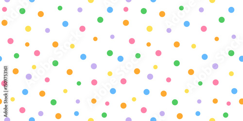 Seamless pattern with colorful polka dots on a white background. Abstract ornament multicolor falling confetti. Flat vector illustration