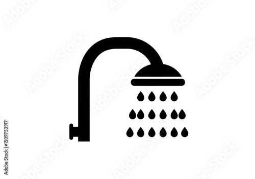 A black and white graphic of a shower head with water droplets falling in a simple design style