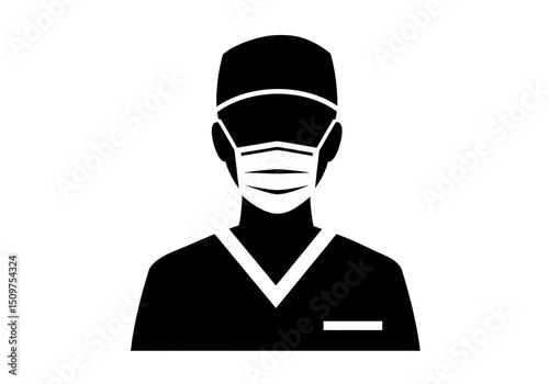 A black silhouette of a medical professional wearing a mask and cap on a white background vector image