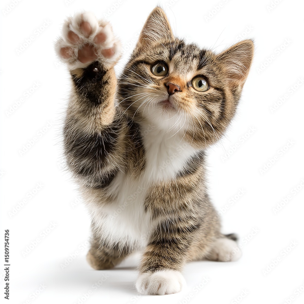 Obraz premium Cute tabby kitten raising paw adorable feline friend playful pet animal domestic cat isolated on white background