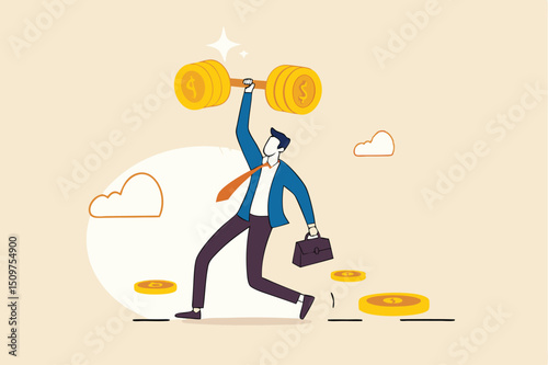 Financial literacy or investment advisor, wealth management concept, strong businessman lifting heavy money coin weights.