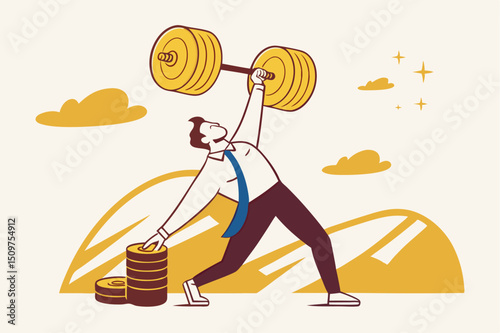 Financial literacy or investment advisor, wealth management concept, strong businessman lifting heavy money coin weights.