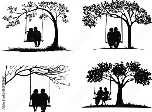 retirement couple silhouette on swing under a tree, vector art illustration design.