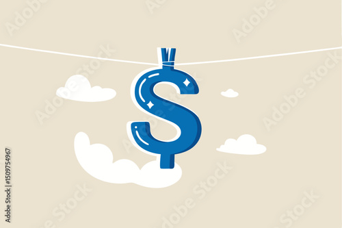 Money laundering and financial crime, cleaning dirty money process, tax cheating or illegal profit concept, US dollar sign hanging dry after laundry or wash metaphor of money laundering.