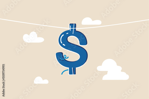 Money laundering and financial crime, cleaning dirty money process, tax cheating or illegal profit concept, US dollar sign hanging dry after laundry or wash metaphor of money laundering.