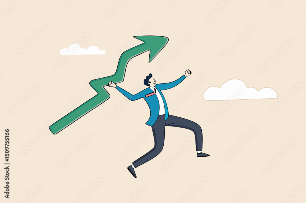 Business growth and improvement, target high profit, stock market soaring, bull market or economic prosperity concept, strong businessman throwing green rising up arrow javelin. Business growth and improvement, target high profit, stock market soaring, bull market or economic prosperity concept, strong businessman throwing green rising up arrow javelin.