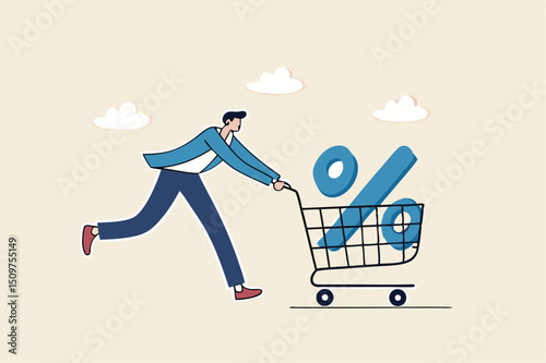 Shopping discount percentage, mortgage loan interest rate or investment earning and profit concept, businessman investor or consumer pushing shopping cart trolley with big percentage sign.