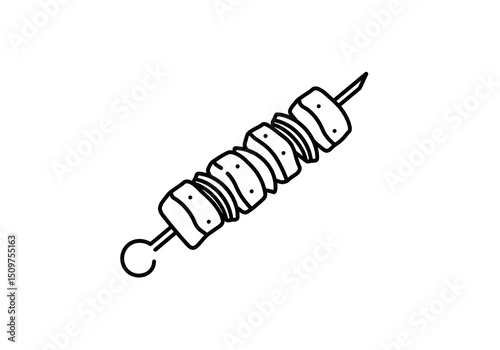 A simple black and white outline drawing of a shish kebab on a skewer with meat and onions