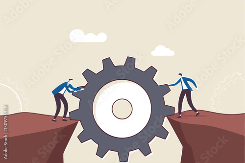 Risk management, business idea to overcome difficulty or teamwork to achieve target concept, businessman help build gear or cog as a bridge to walk over the danger cliffs.