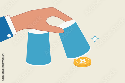 Bitcoin bet, cryptocurrency investment or make profit and rich from BTC gambling game concept, hand playing guessing game reveal victory with Bitcoin physical coin under the correct glass.