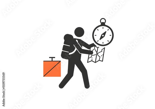 A person with backpack holding a map and compass with a suitcase on a white background drawing