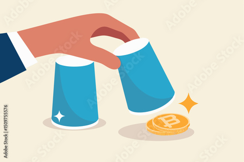 Bitcoin bet, cryptocurrency investment or make profit and rich from BTC gambling game concept, hand playing guessing game reveal victory with Bitcoin physical coin under the correct glass.