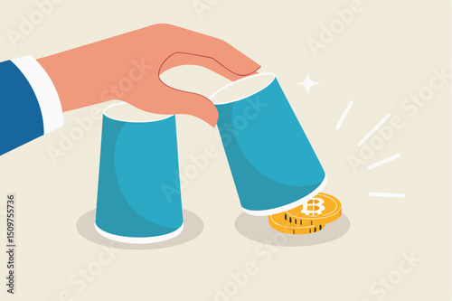 Bitcoin bet, cryptocurrency investment or make profit and rich from BTC gambling game concept, hand playing guessing game reveal victory with Bitcoin physical coin under the correct glass.