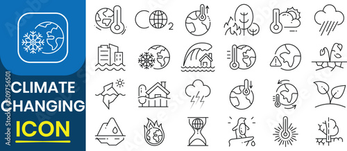 Set of climate change icon vector. Vector thin line litter, volcano, climate change, oil platform, ship, trash, nuclear energy, ocean icon. Vector illustration
