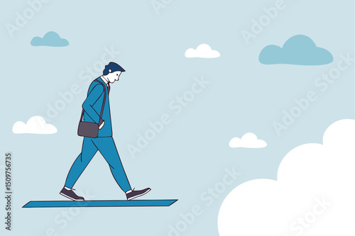Investment or financial risk to fall down from economic recession, fear of losing money or debt payback concept, businessman standing on high jumping wood in the sky looking down with fear of height.