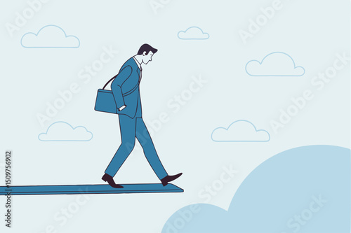 Investment or financial risk to fall down from economic recession, fear of losing money or debt payback concept, businessman standing on high jumping wood in the sky looking down with fear of height.