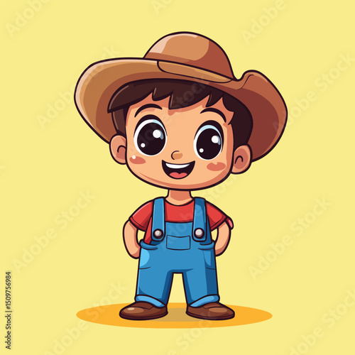 Cheerful Cartoon Boy in Cowboy Hat and Overalls