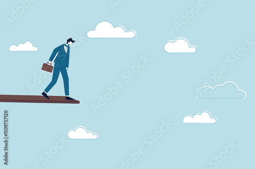 Investment or financial risk to fall down from economic recession, fear of losing money or debt payback concept, businessman standing on high jumping wood in the sky looking down with fear of height.