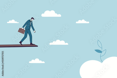 Investment or financial risk to fall down from economic recession, fear of losing money or debt payback concept, businessman standing on high jumping wood in the sky looking down with fear of height.