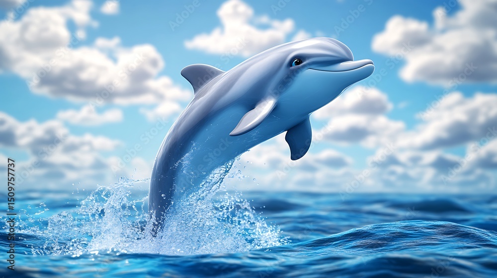 Naklejka premium Dolphin Leaping From Ocean with Cloudy Sky Background