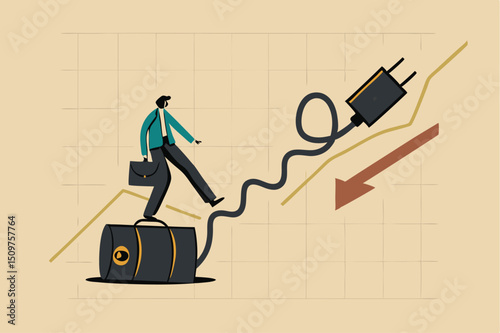 World transition from fossil oil energy to clean electric power, combustion car to EV concept, businessman investor or car owner step from oil gallon to stair case made of electric charger.