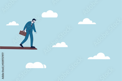 Investment or financial risk to fall down from economic recession, fear of losing money or debt payback concept, businessman standing on high jumping wood in the sky looking down with fear of height.
