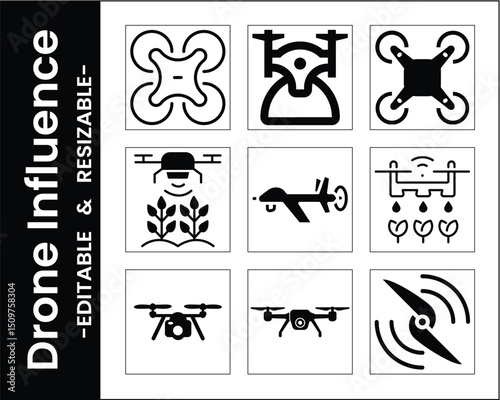 Black Drone Icons Collection Set Agricultural Drone Camera Drone And More