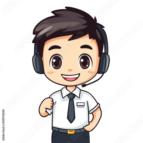 Cheerful Cartoon Boy in Headset White Shirt and Tie