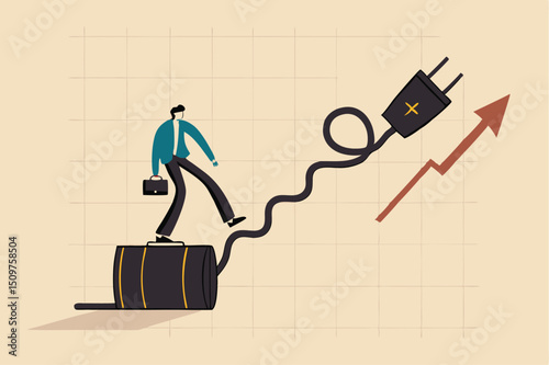 World transition from fossil oil energy to clean electric power, combustion car to EV concept, businessman investor or car owner step from oil gallon to stair case made of electric charger.
