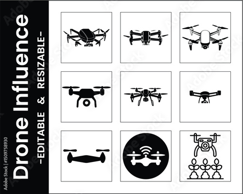 Drone Vector Icon Set Aerial Technology Collection Black And White Illustrations