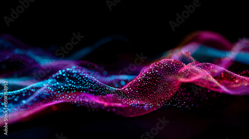 Flowing abstract waves of pink and blue particles and threads glowing on a dark background
