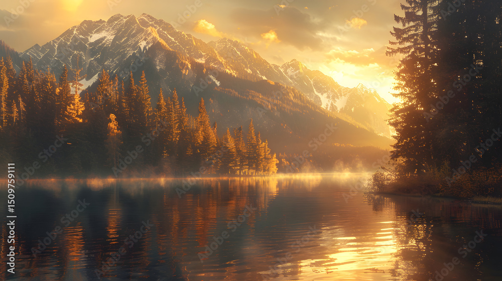 Fototapeta premium Majestic mountains reflected in a serene lake at sunset.